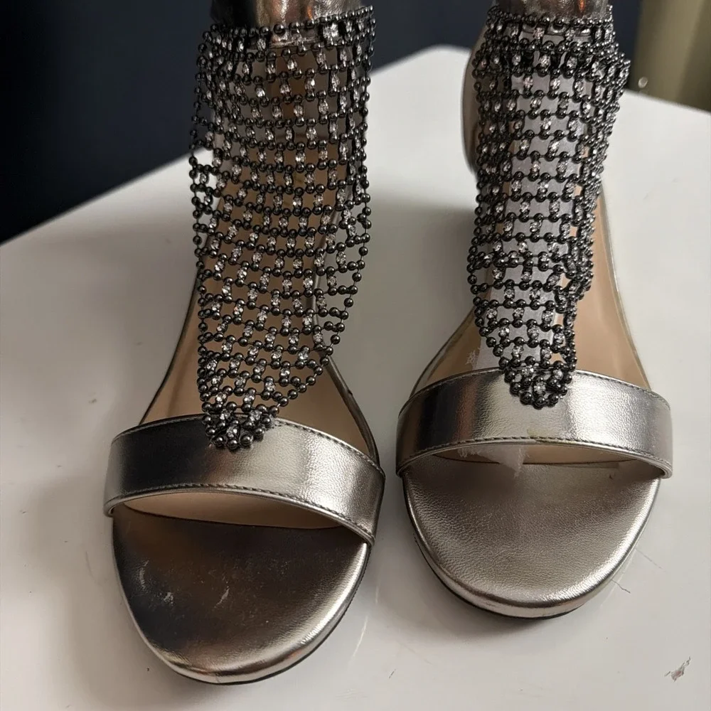 Thalia Sodi Tibby Rhinestone Wedge Sandals Metallic Pewter Silver Mesh 8M NWOB